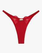 Deep red lace g-string T-back thong with scalloped V waistband