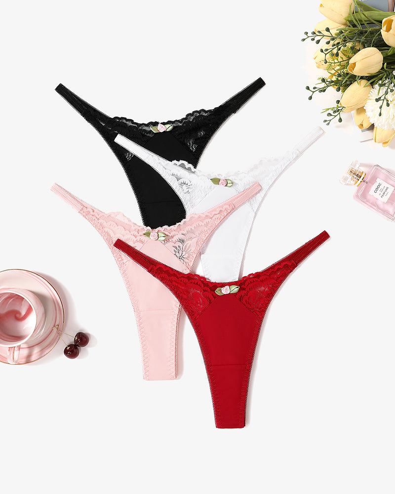4-pack lace g-string T-back thongs in black, white, pink, and deep red