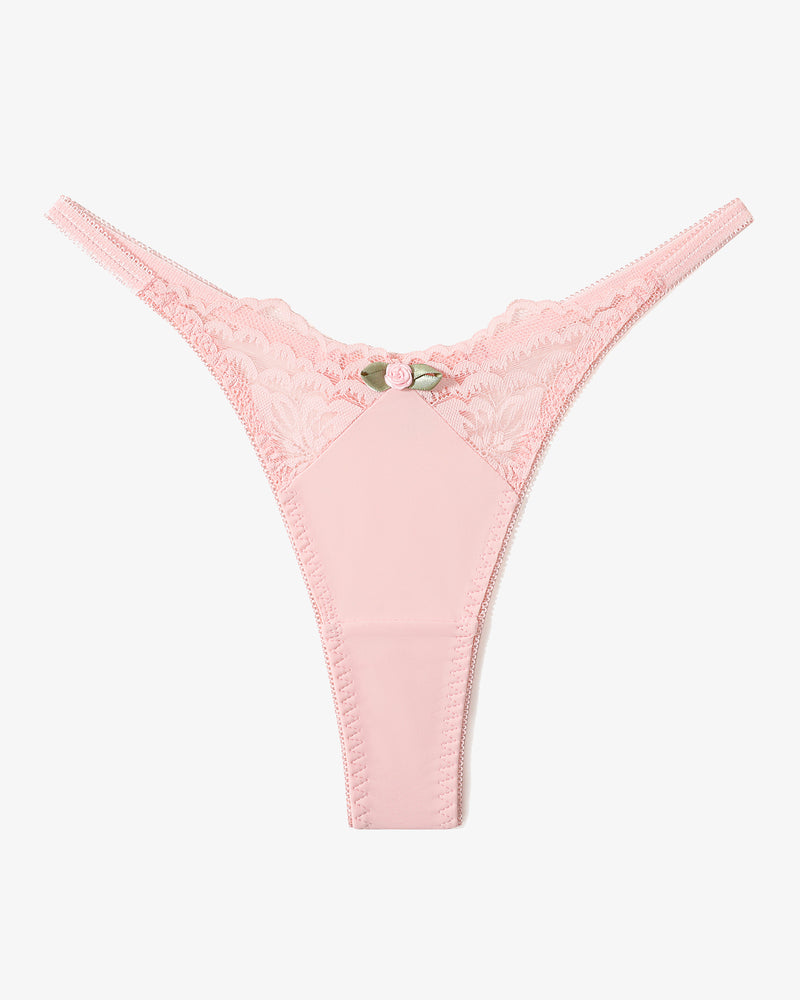 Pink lace G-string thong with T-back, scalloped lace panel and small bow at front.