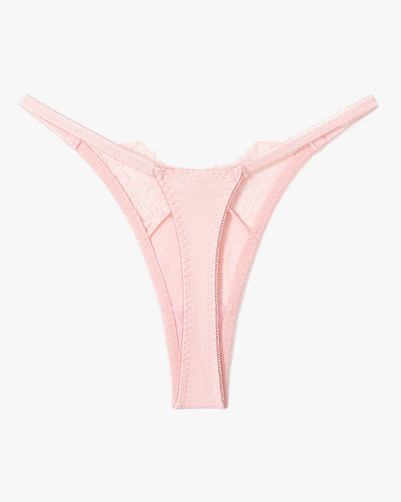 Pink lace T-back G-string thong with narrow back coverage and scalloped lace waistband.