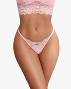 Pink lace T-back G-string thong with narrow side seams and center-front bow embellishment.