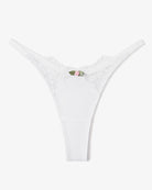 White lace G-string thong with T-back and scalloped lace detailing, small bow centerpiece.