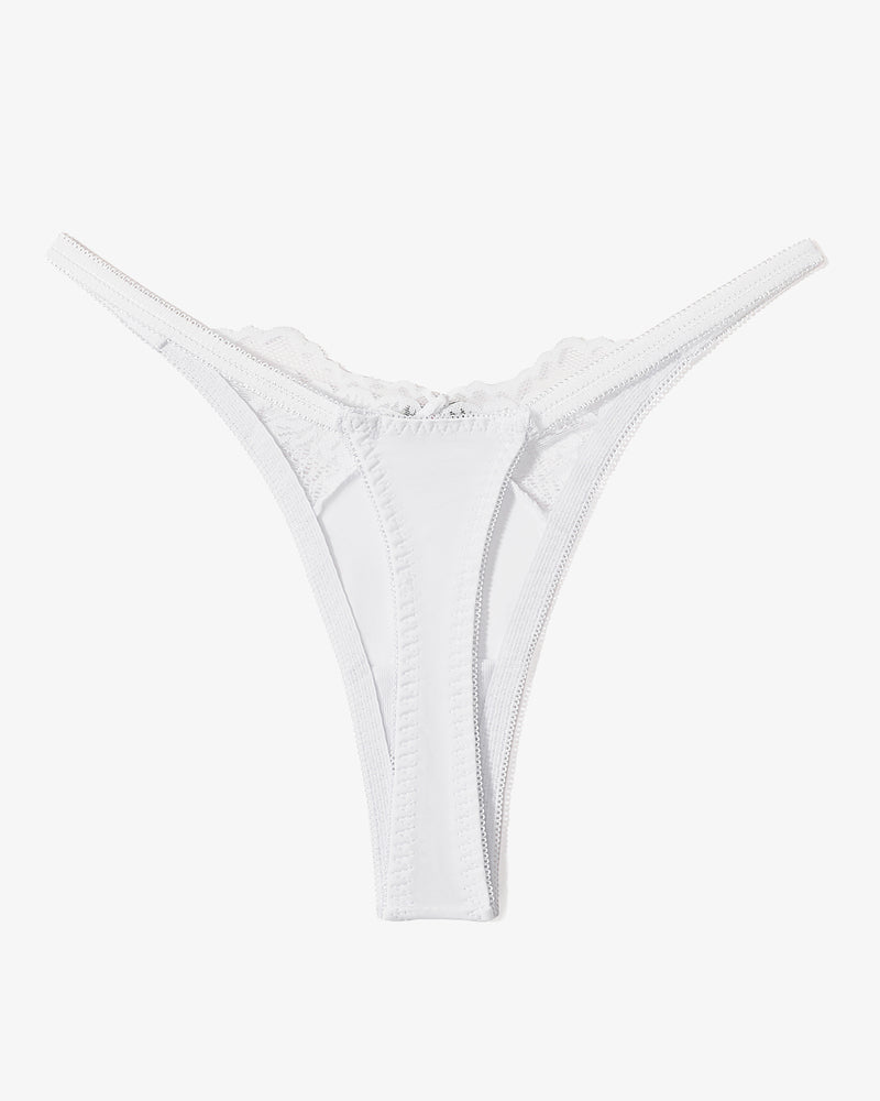 White lace T-back G-string thong with slim back coverage and scalloped lace at waistband.