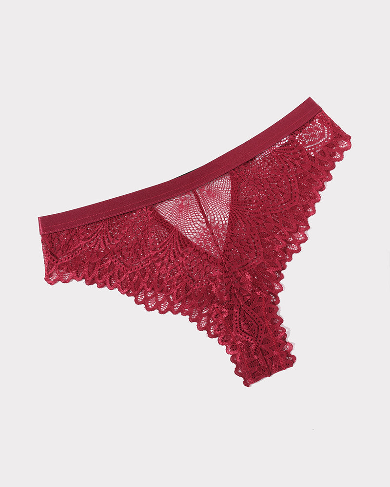 Red lace panty with scalloped edges and V-front mesh panel