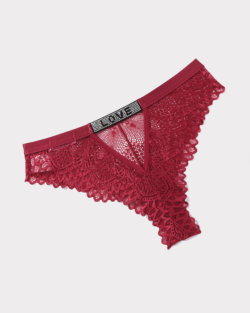 Red lace thong with rhinestone waistband and scalloped lace trim