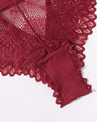 Red lace thong with V-front mesh panel and scalloped hem