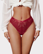 Red lace thong with scalloped V-front and mesh center panel