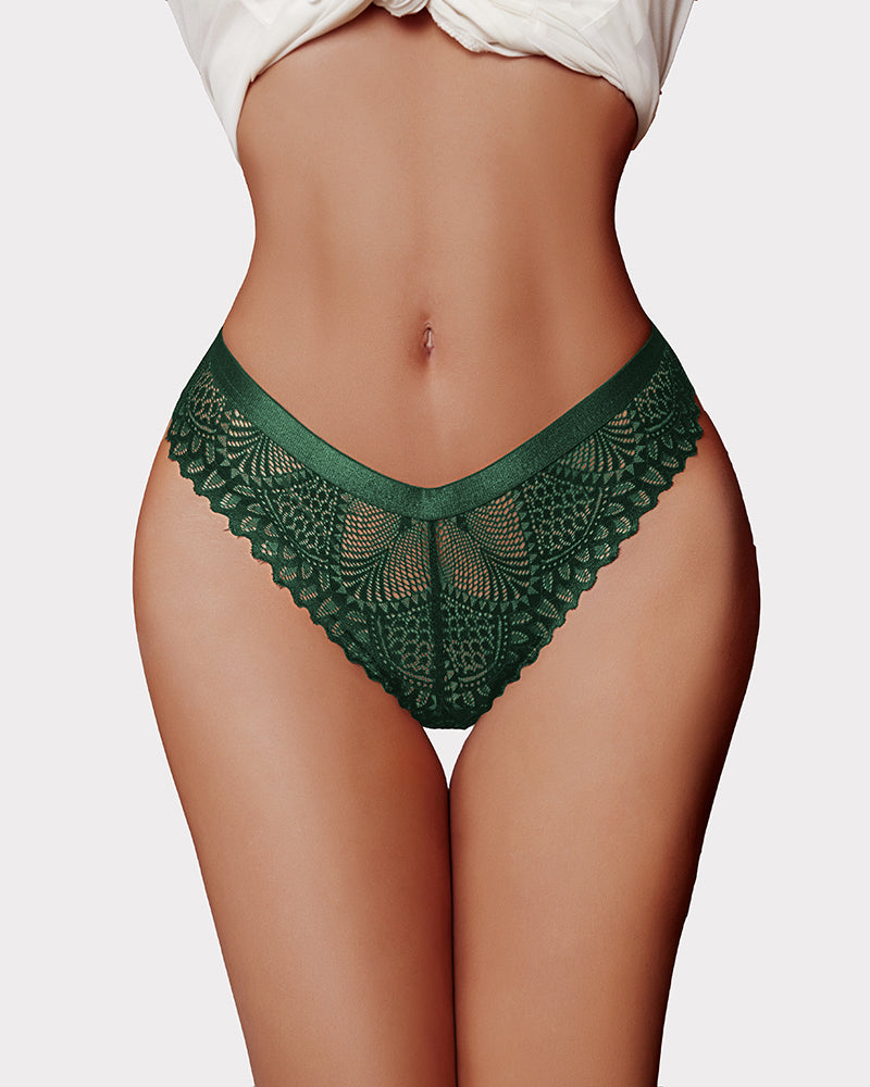 Green lace thong with scalloped V-front and mesh cutout
