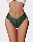 Green lace thong with scalloped V-front and mesh cutout