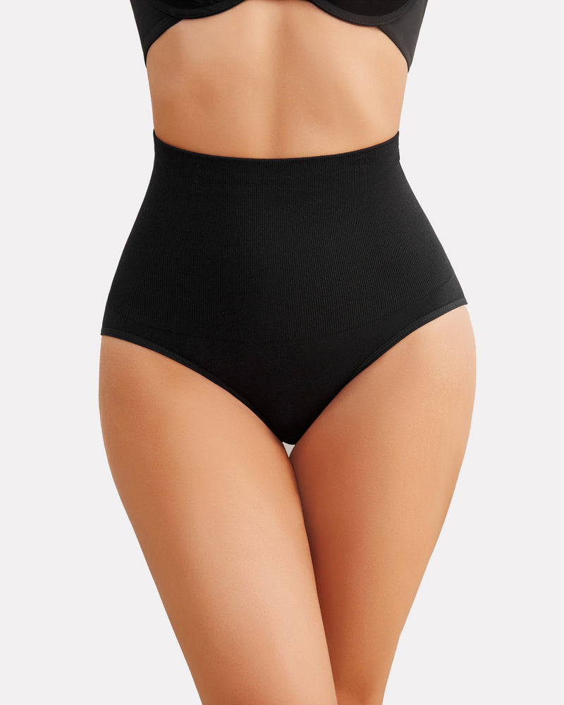 Black tummy control thong shapewear with high-rise shaping band