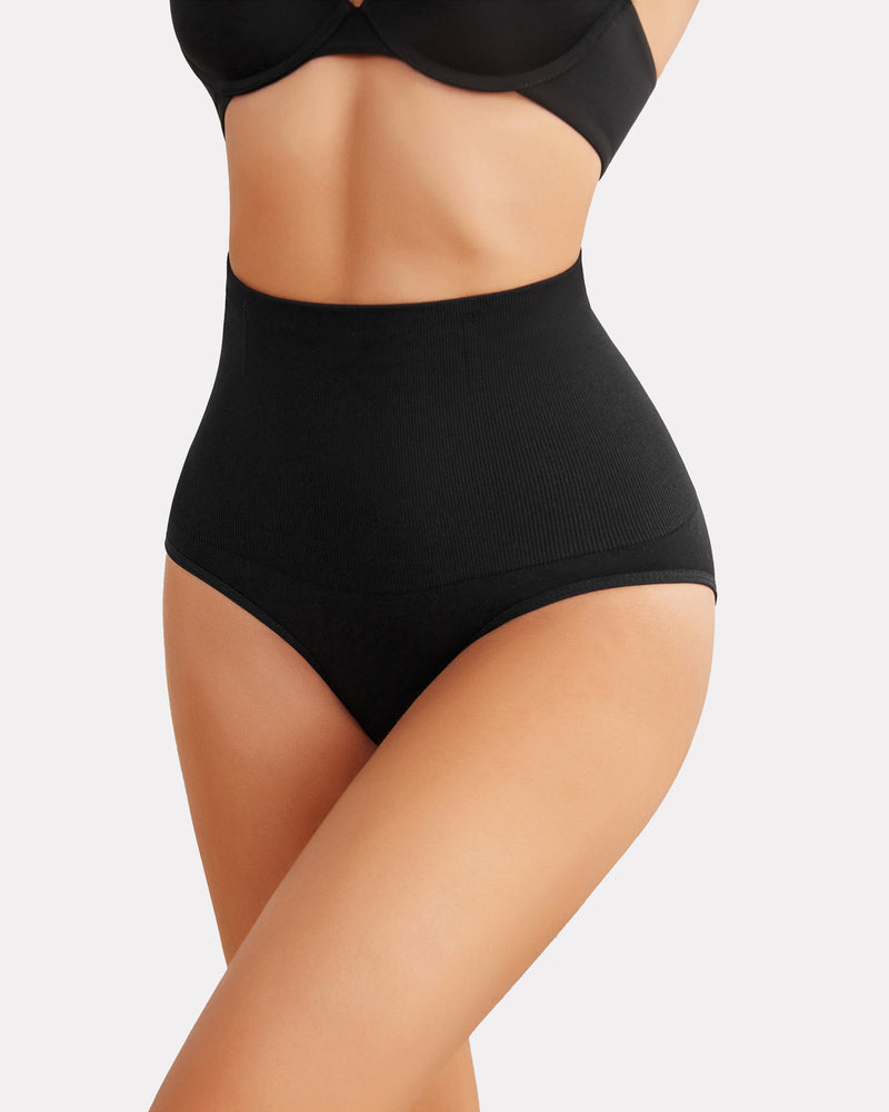 Black high-rise tummy control thong shapewear, smooth front
