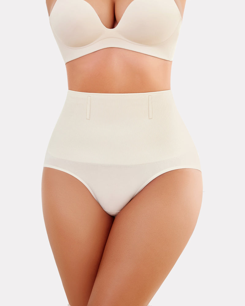 Cream tummy control thong shapewear with seamless high-rise waistband