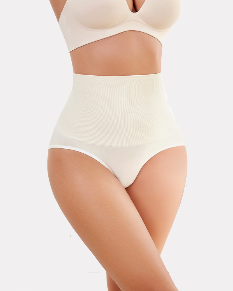 Cream tummy control thong shapewear, smooth high-rise front