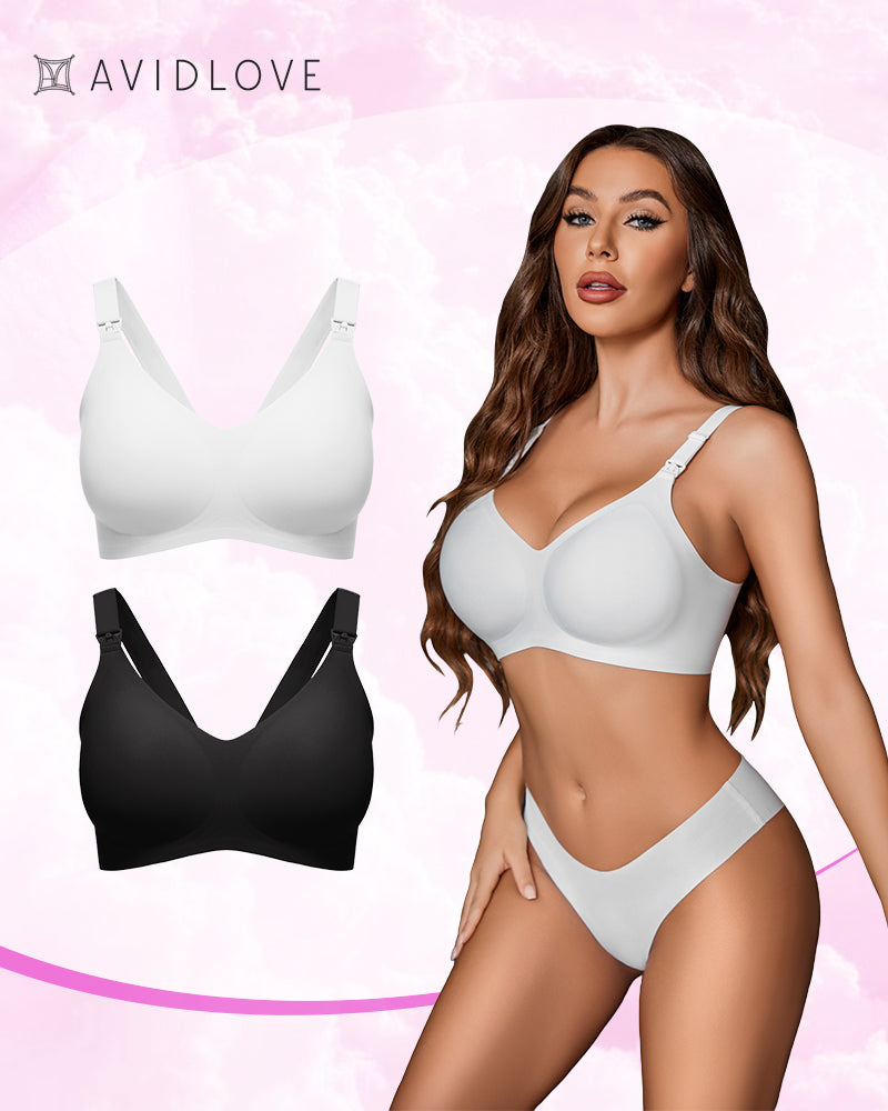 Seamless nursing maternity bra, white, V-neck with adjustable straps