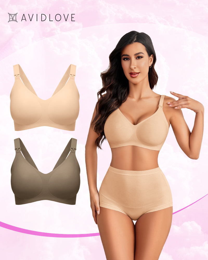 Seamless nursing maternity bra, nude/beige, V-neck with adjustable straps