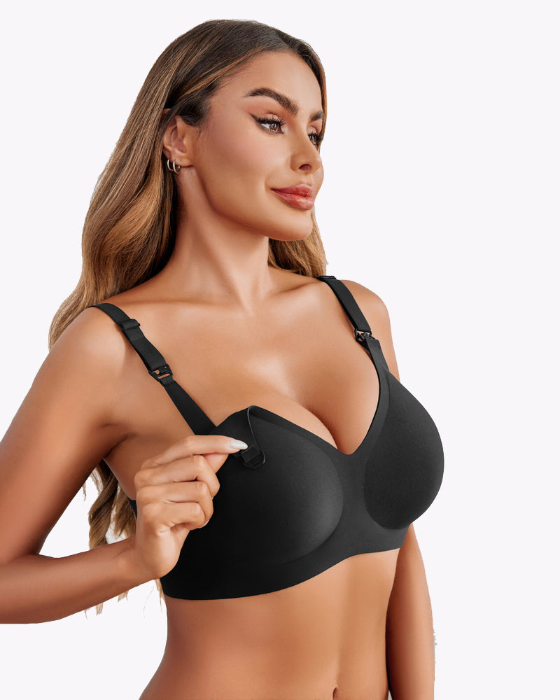 Seamless nursing bra, black, front view with adjustable shoulder straps and hook tab