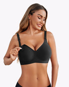 Seamless nursing bra, black, V-neck cups with adjustable shoulder straps