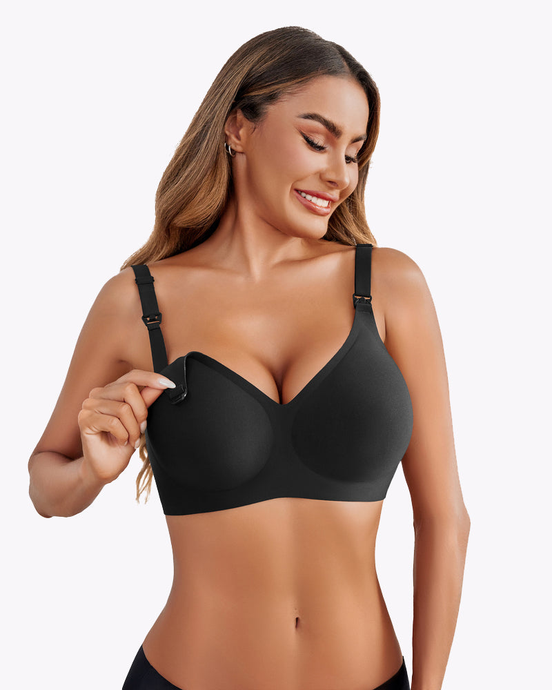 Seamless nursing bra, black, V-neck cups with adjustable shoulder straps