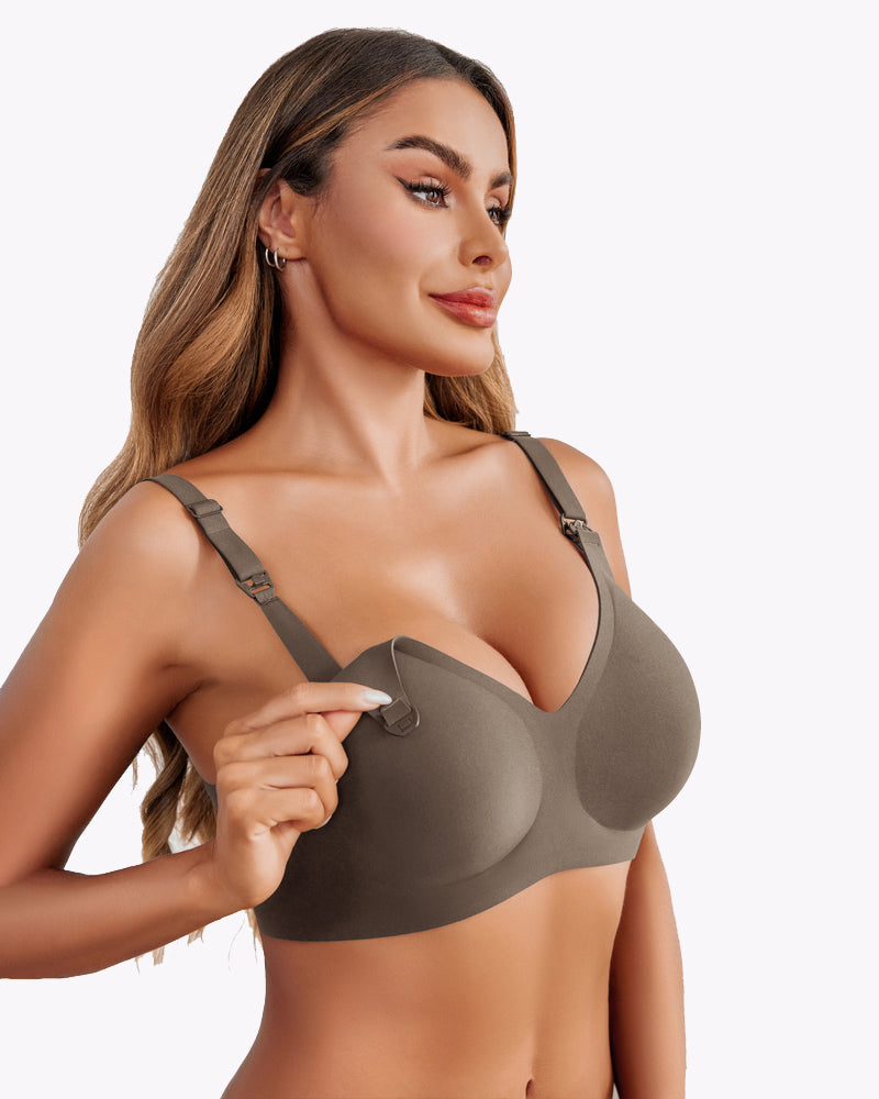 Seamless nursing bra, taupe, V-neck cups with adjustable shoulder straps