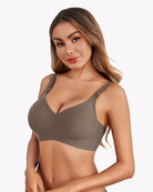 Seamless nursing bra, taupe, V-neck front with adjustable shoulder straps