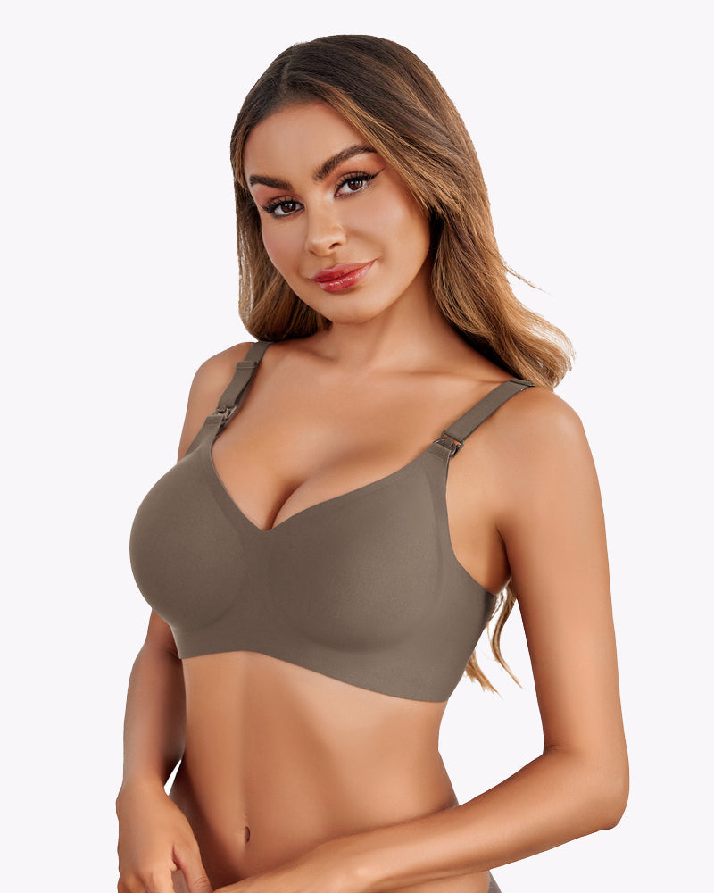 Seamless nursing bra, taupe, V-neck front with adjustable shoulder straps
