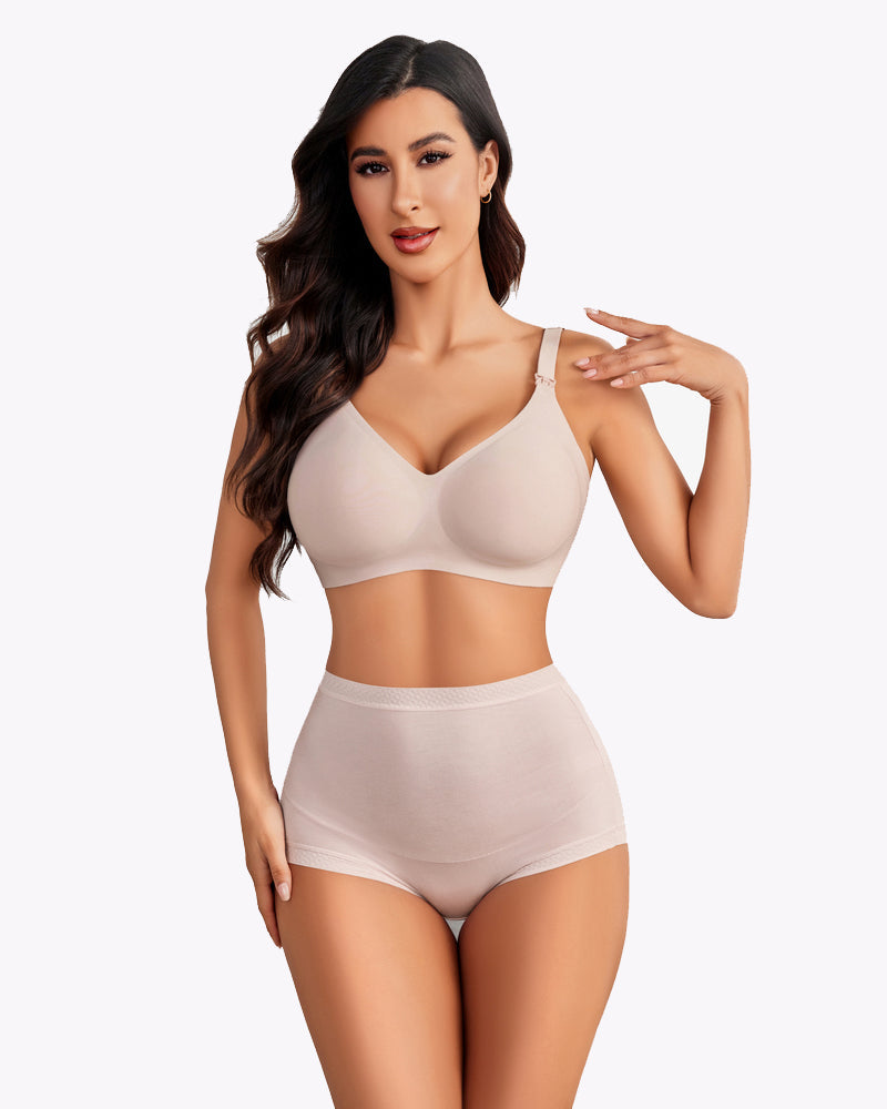 Seamless nursing bra, light beige, V-neck front with adjustable shoulder straps