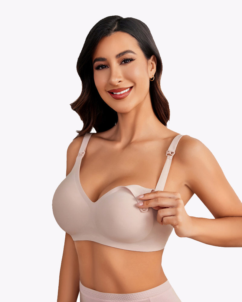 Seamless nursing bra, light blush, V-neck cups with adjustable shoulder straps