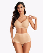Seamless nursing bra, light beige, V-neck front with adjustable shoulder straps