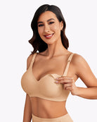 Seamless nursing bra, light beige, V-neck cups with adjustable shoulder straps
