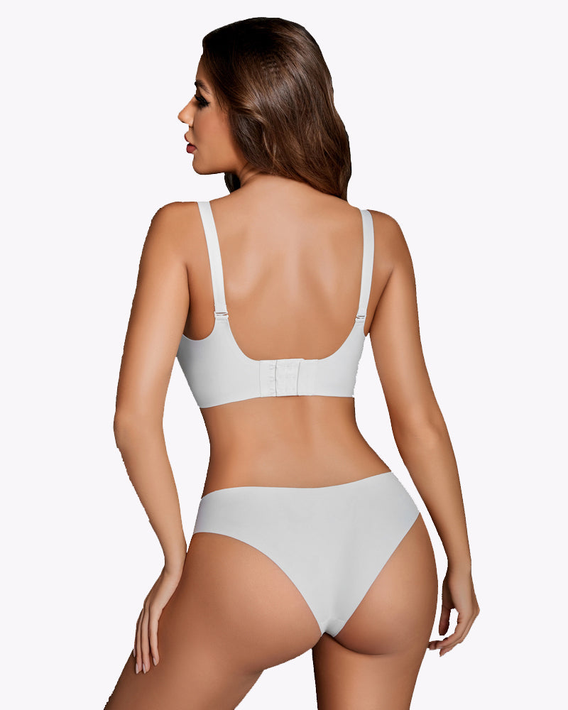 White seamless nursing bra with adjustable straps, back view.