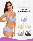 Wireless nursing bra in light blue; combo pack of multiple bra colors shown