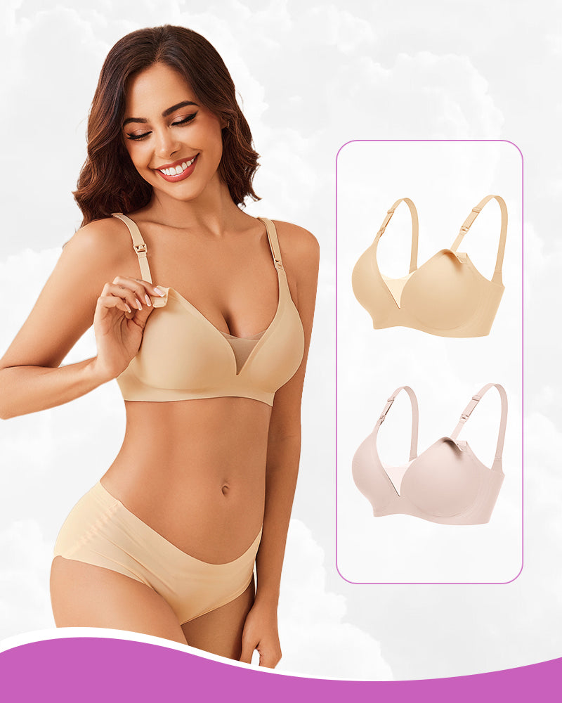 Wireless nursing bra in beige with adjustable straps and soft molded cups