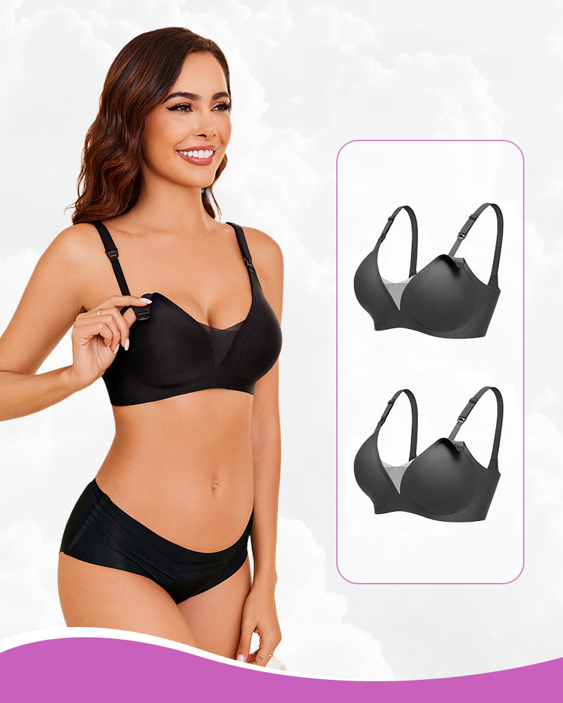 Wireless nursing bra in black with front nursing clip, adjustable straps, soft cups
