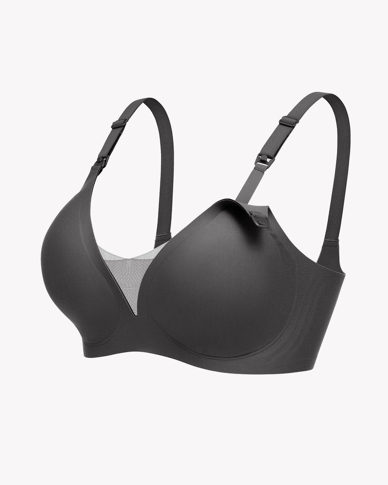 Black wireless nursing bra front view flat lay, adjustable straps and cushioned cups