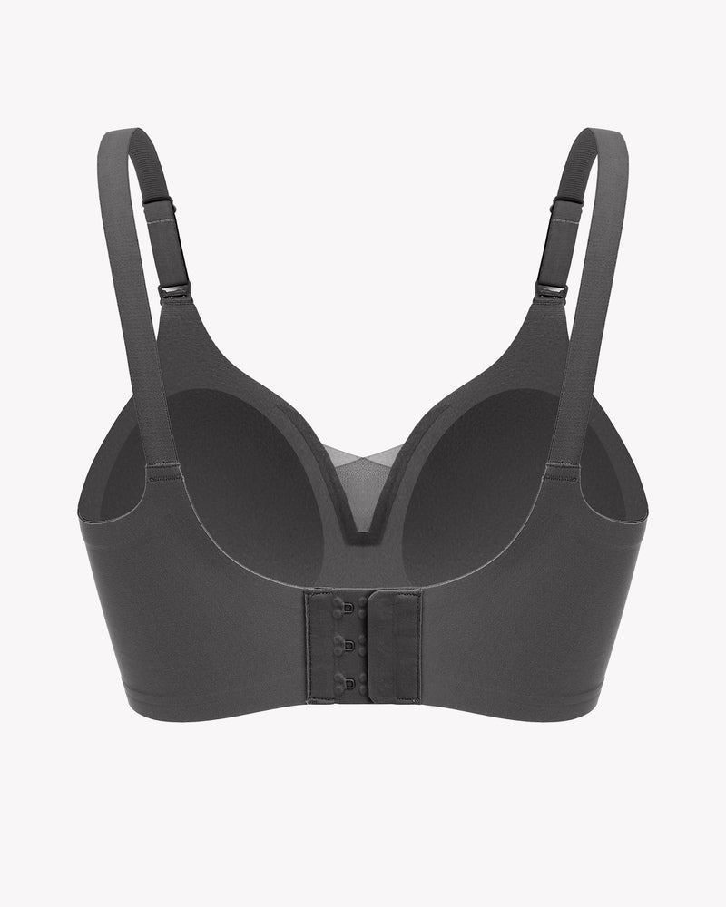 Black wireless nursing bra back view flat lay, center hook-and-eye closure and straps