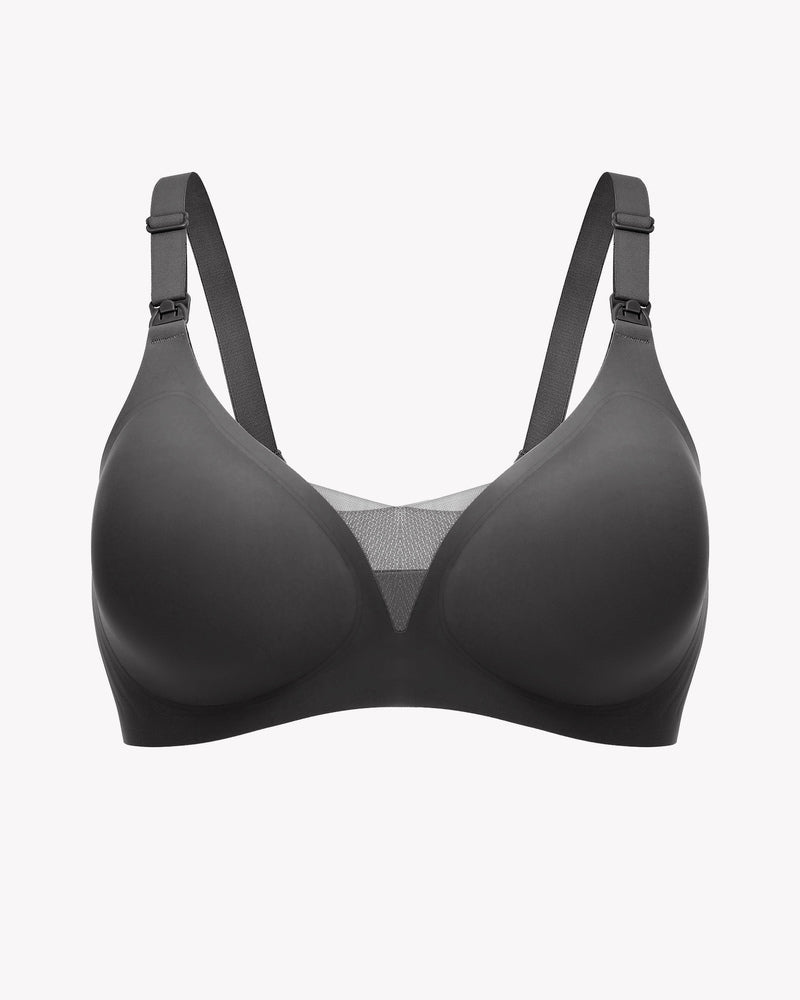 Black wireless nursing bralette flat lay with V-neck cups and adjustable shoulder straps