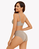 Taupe wireless nursing bralette back view with adjustable straps and racerback cutout