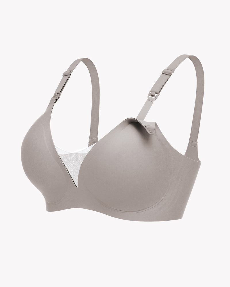 Light gray wireless nursing bralette with molded cups and adjustable straps