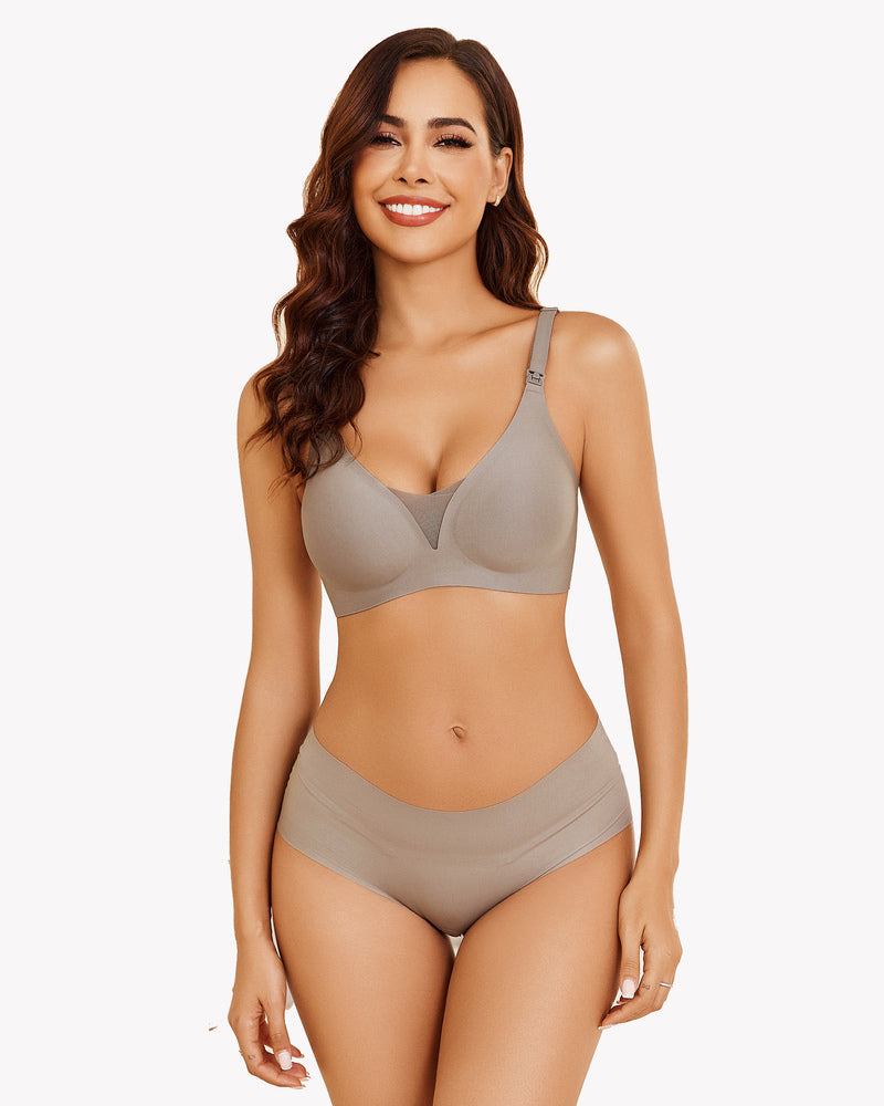 Taupe wireless nursing bralette with molded V-neck cups and adjustable straps