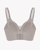 Light gray nursing bralette back view with adjustable straps and hook band closure