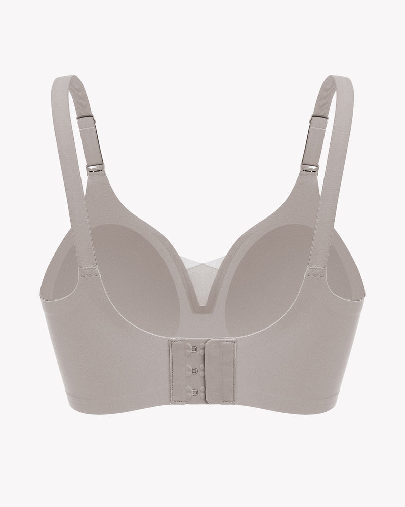 Light gray nursing bralette back view with adjustable straps and hook band closure