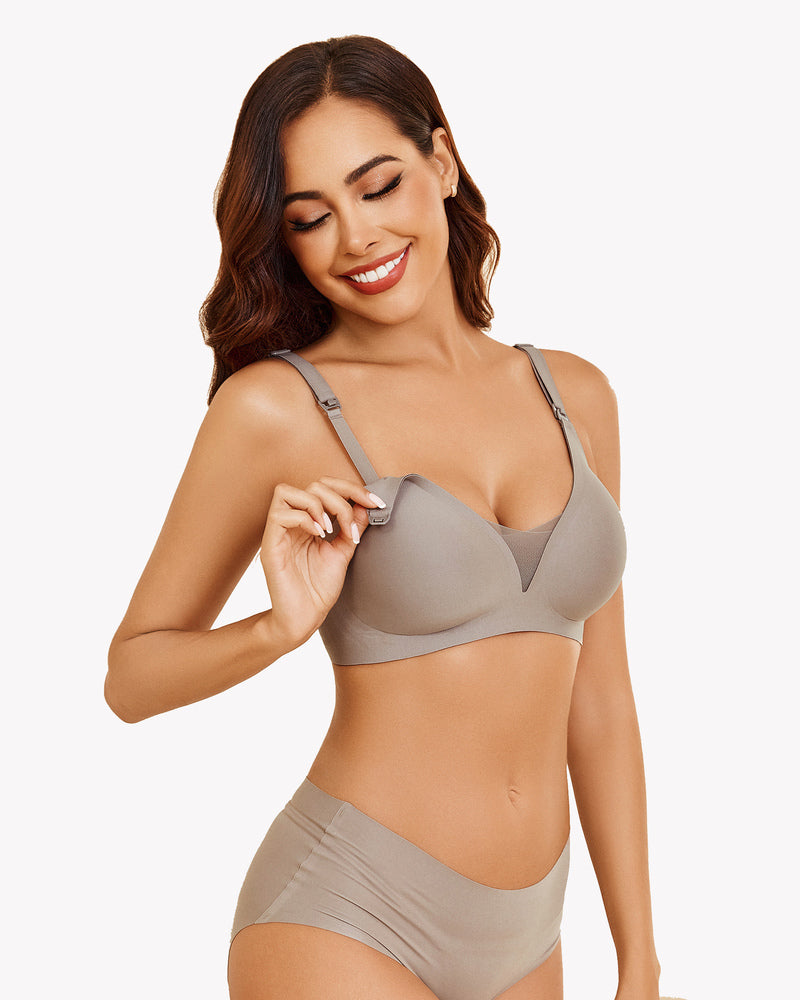 Gray wireless nursing bralette with molded cups and adjustable shoulder straps