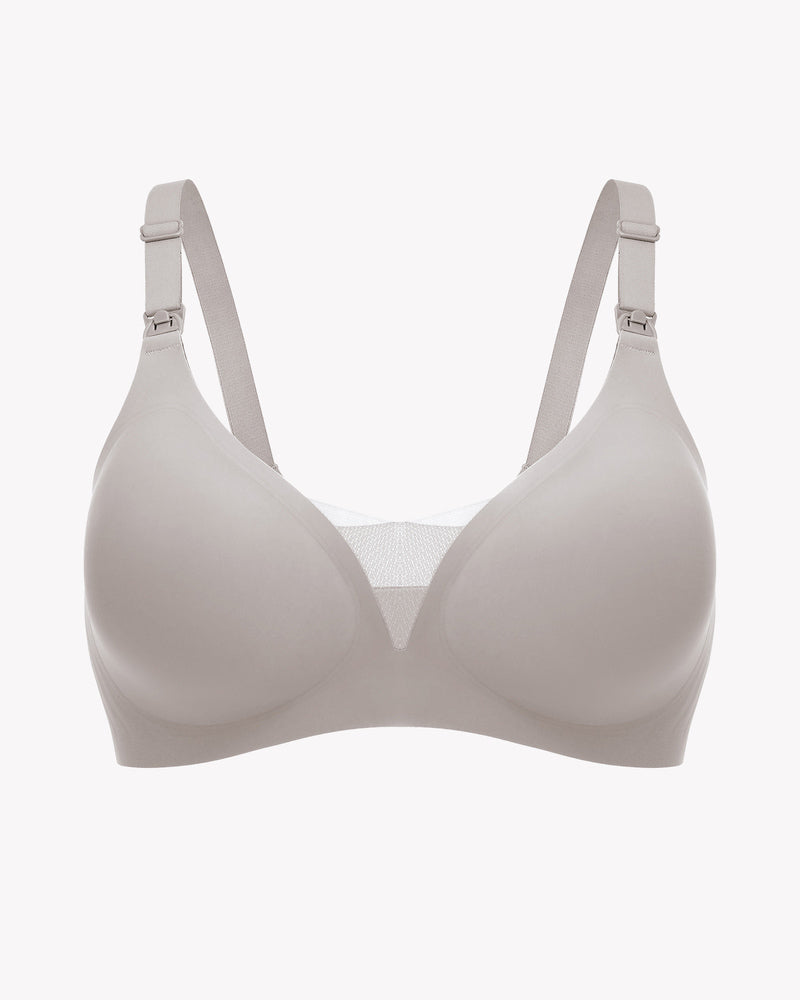 Light gray wireless nursing bralette front view with molded cups and adjustable straps