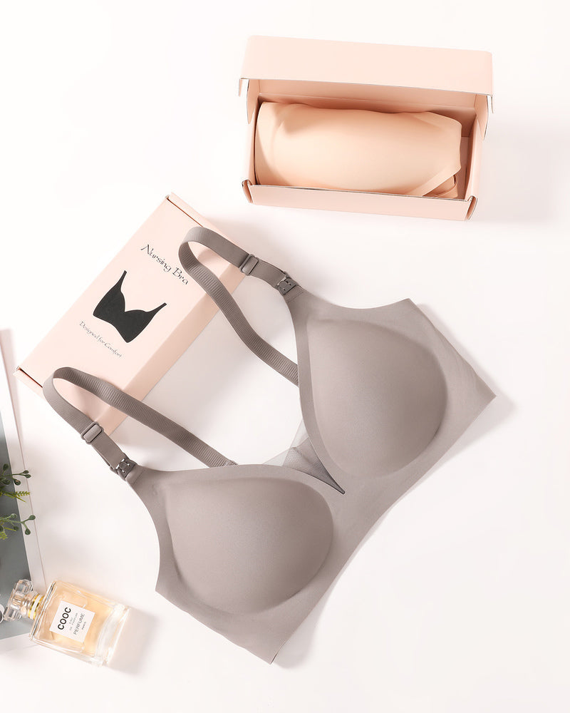 Wireless nursing bras bralette set in gray with adjustable shoulder straps and front clasp
