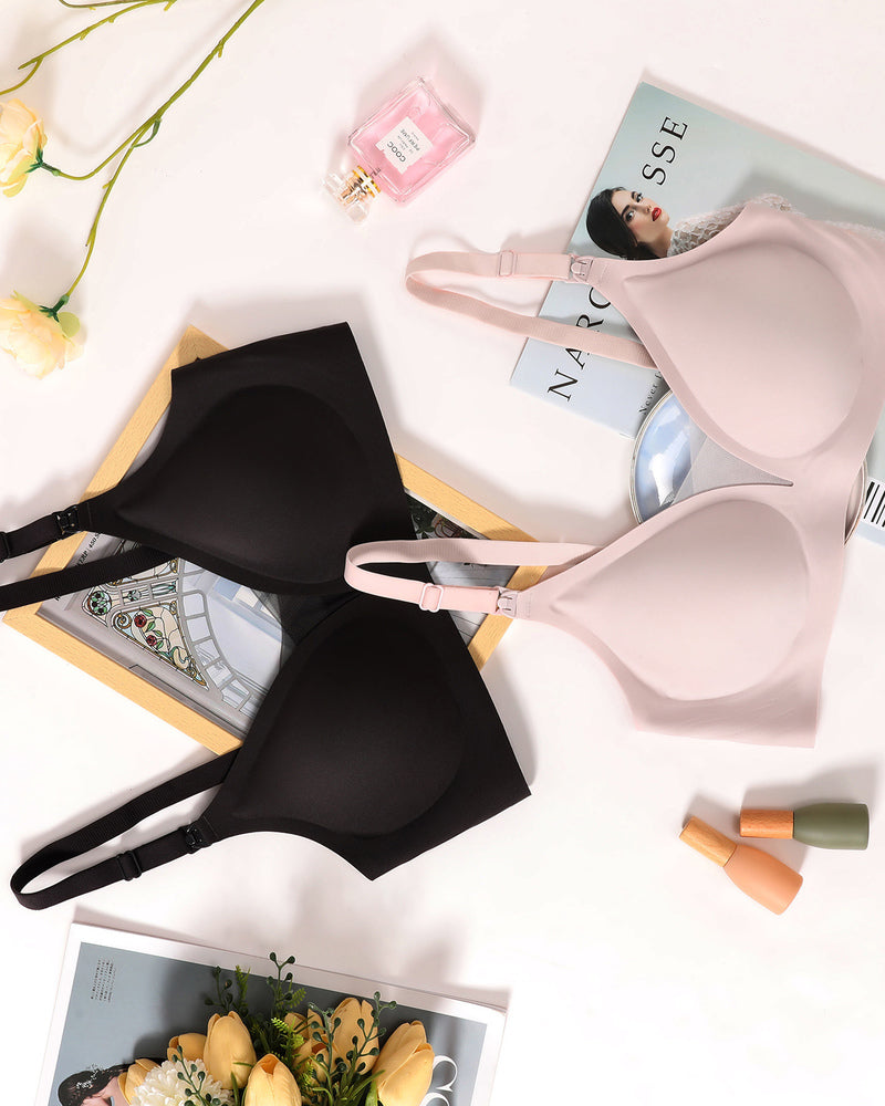 Black wireless nursing bralette shown in a flat-lay product view
