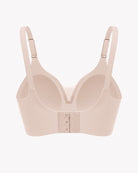 Nude wireless nursing bra back view flat lay, hook-and-eye closure and adjustable straps