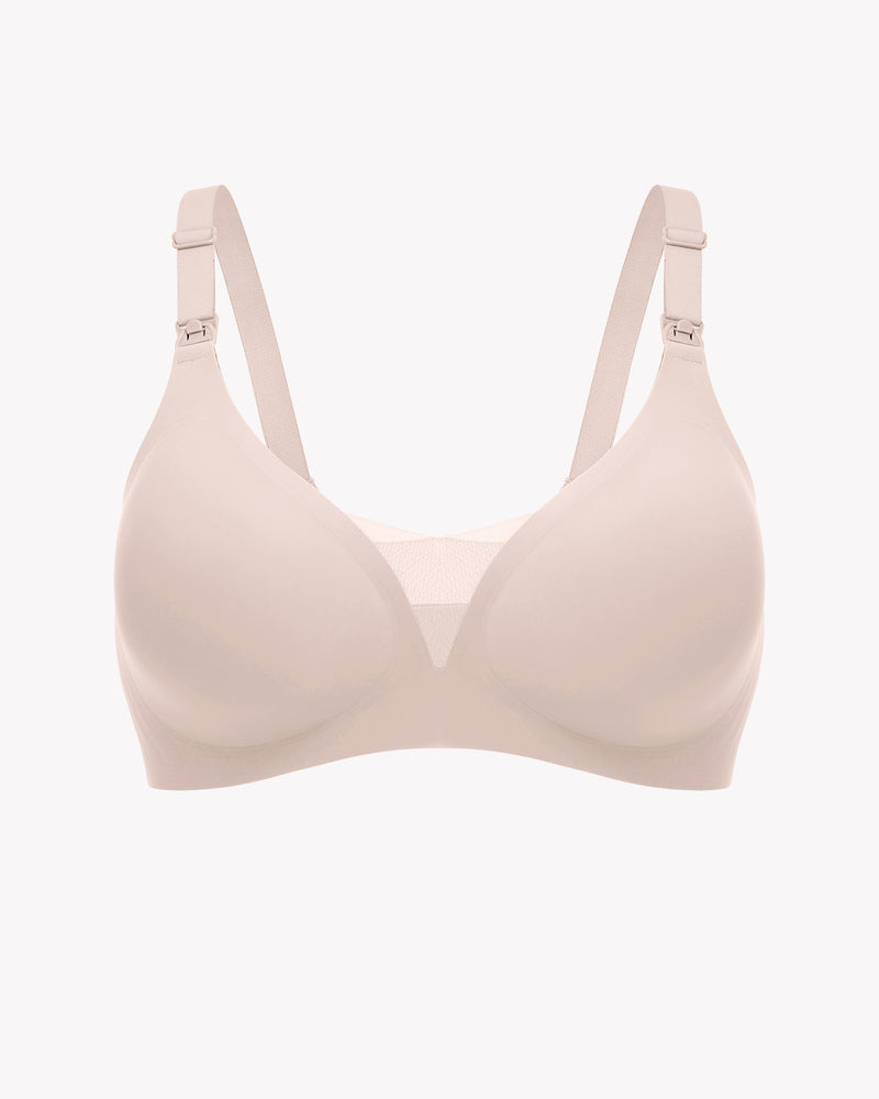 Nude wireless nursing bra front view flat lay, adjustable shoulder straps, smooth cups