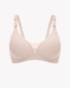 Nude wireless nursing bra front view flat lay, adjustable shoulder straps, smooth cups