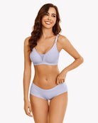 Wireless nursing bra in light purple on model; adjustable straps with smooth seamless cups