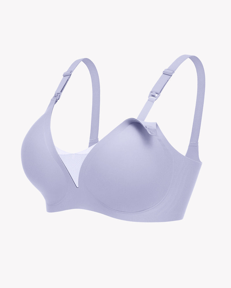 Wireless nursing bra bralette in light purple with adjustable shoulder straps and front clasp